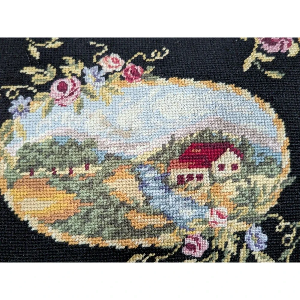 Vintage Needlepoint Pillow Down Fill Wool Embroidery Cottage Floral Scene 16x22